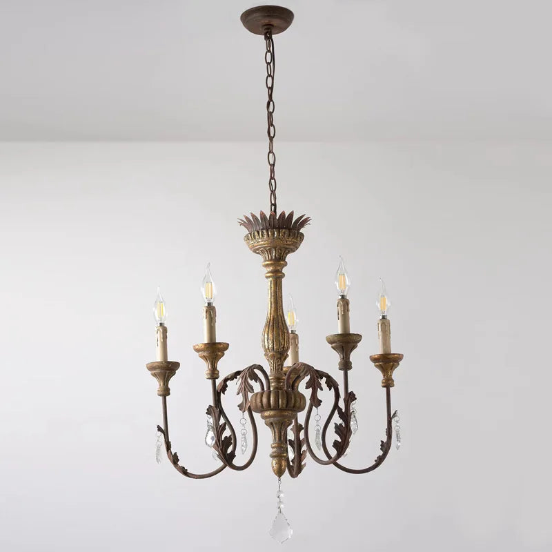French Style Solid Wood Carving Retro  Art Chandelier Villa  Corridor High-End  Light