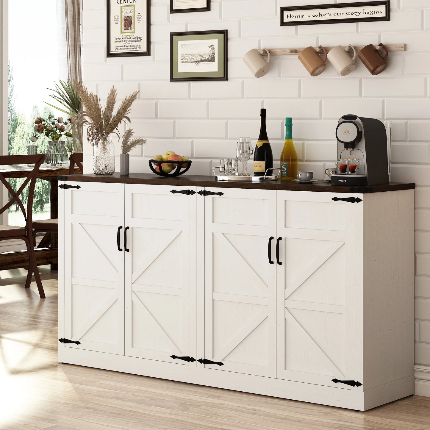 Sideboard Buffet Cabinet with Storage, Large Farmhouse Buffet Table Coffee Bar Modern Accent Cabinets