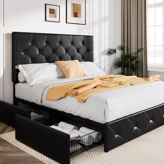 Black Bed Frame, mattress. platform, upholstered. headboard,