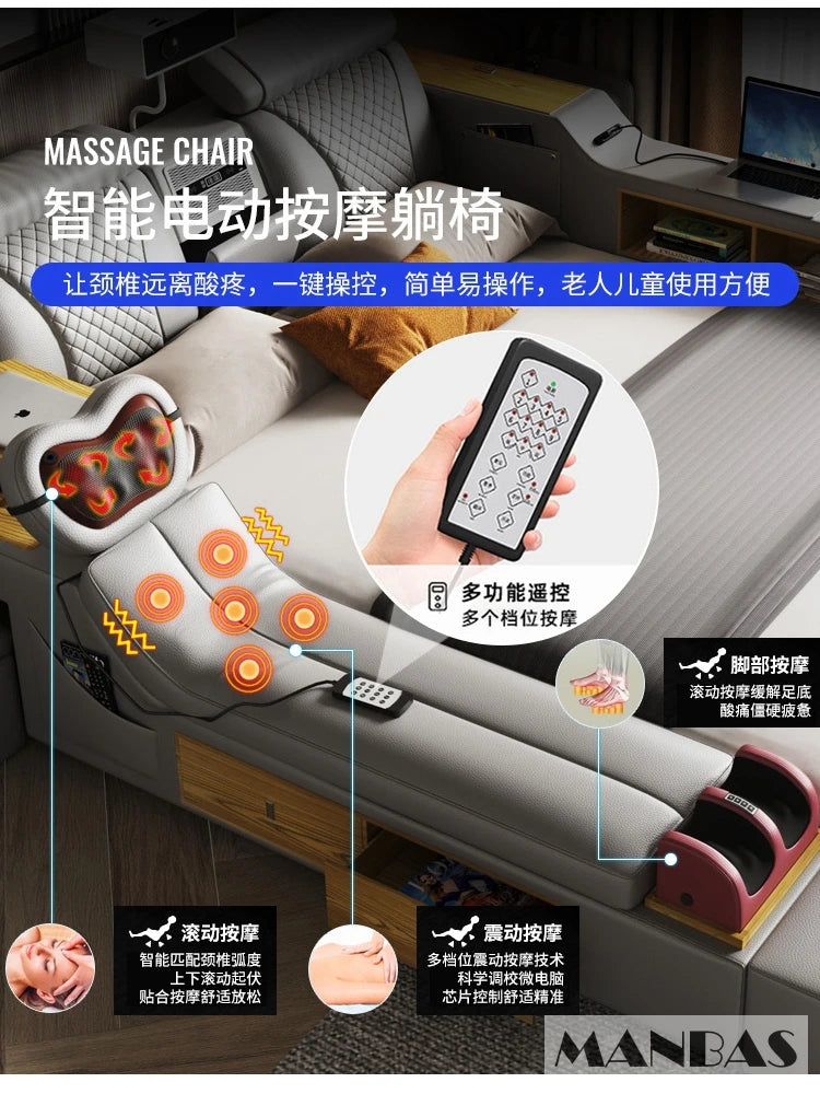 Tech Smart Ultimate Multifunctional Bed Frame with Genuine Leather, Massage, Speaker, Projector, Air Purifier