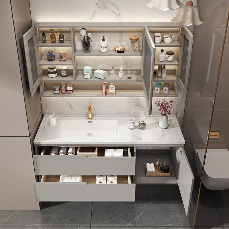 Lacquered Slate Vanity With Sink  Combination Oak Cabinet and Mirror Seamless Integrated Basin Sink