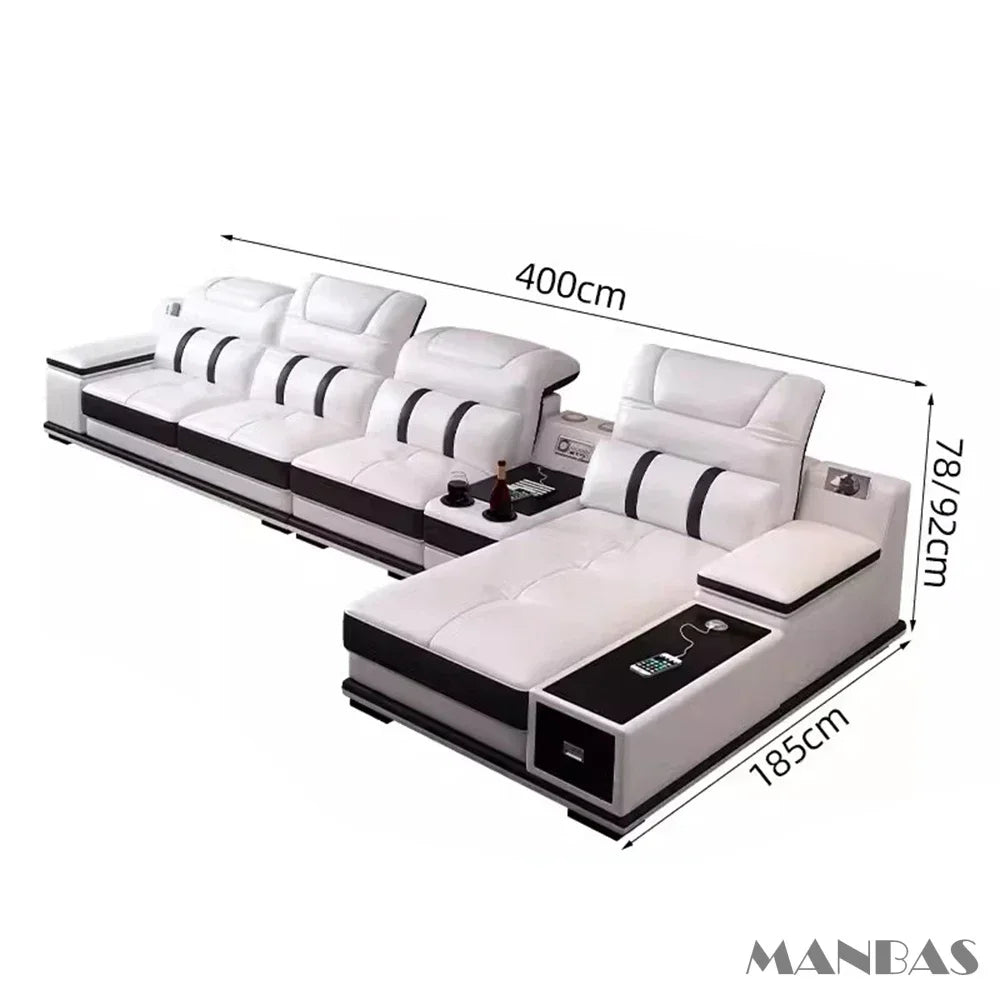 Modern Genuine Leather Sofa - Stylish Italian   with Bluetooth Speaker, USB & Adjustable Headrests