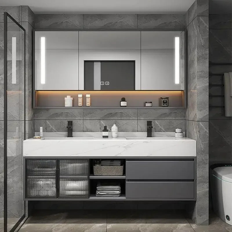 Slate Integrated Vanity Double Sink, Luxury cabinet, mirror,