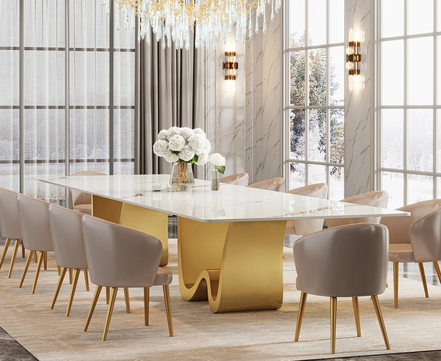 Tribesigns Sintered Stone Table for 6-8, Modern Rectangle Luxury White & Gold Dining