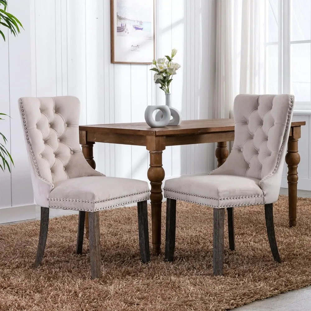 Tufted Chairs, Beige, Solid Wood, Set of 6, Nailhead Back and Ring Pull Trim