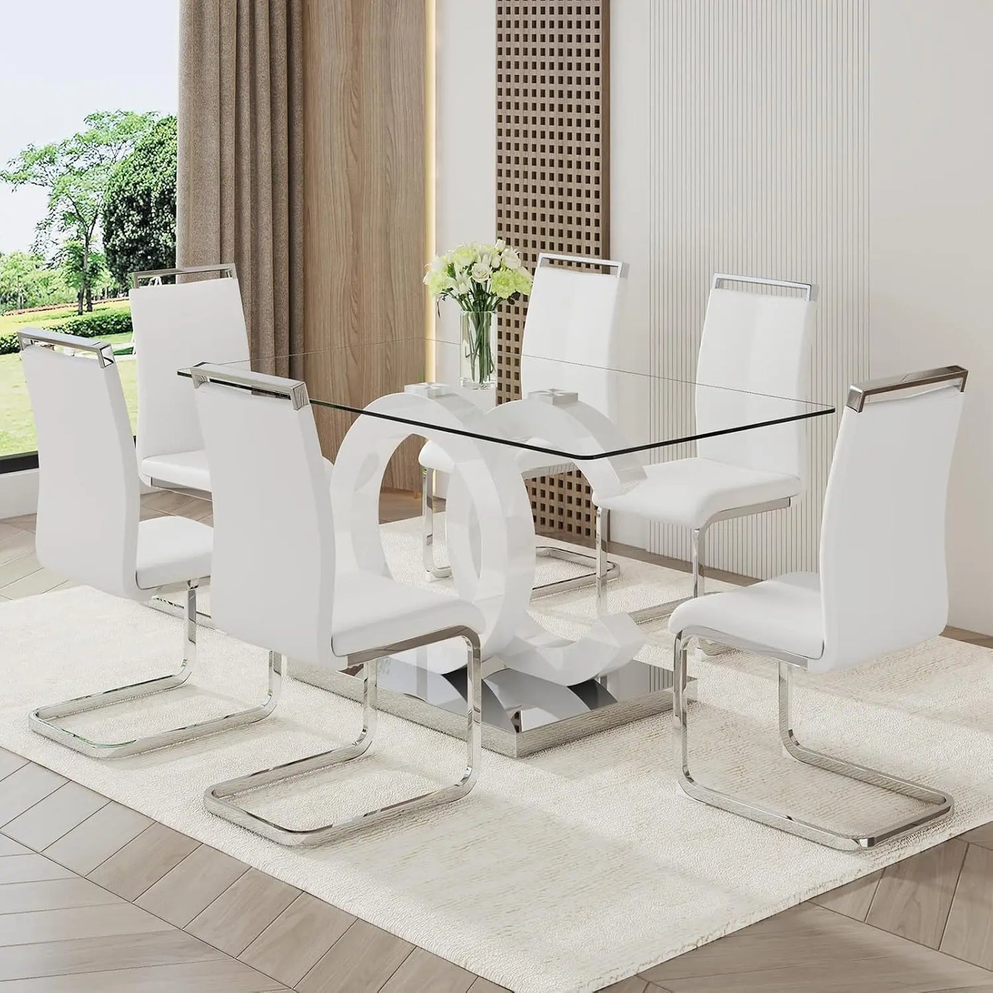 Glass Table Set for 6 ,7 Piece Set, Tempered Glass Top,  PU Leather,  Chairs ,Easy Assembly