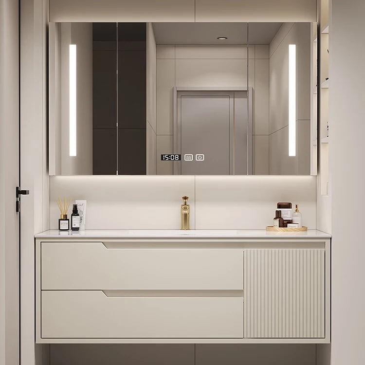 Lacquered Slate Vanity With Sink  Combination Oak Cabinet and Mirror Seamless Integrated Basin Sink