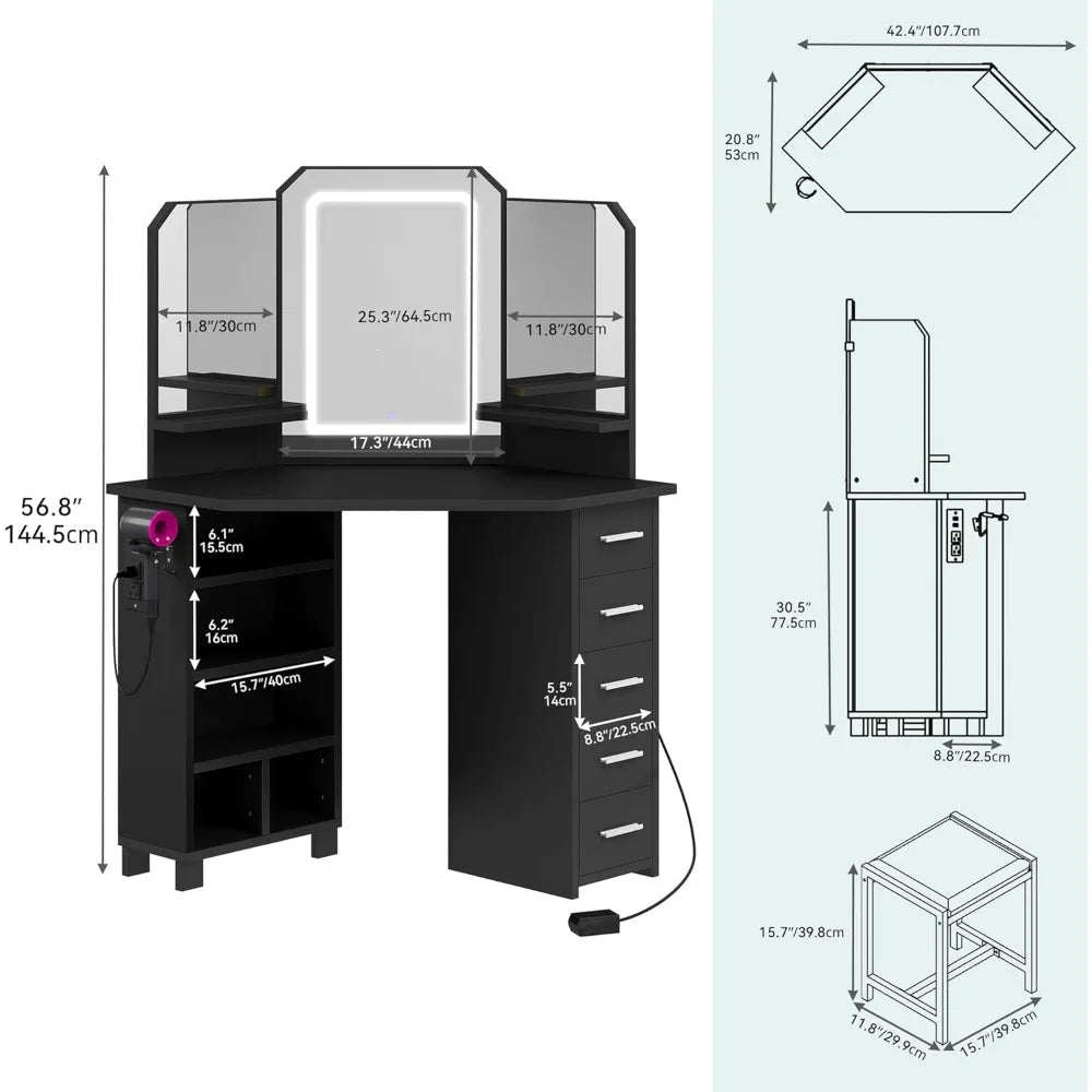 Corner Makeup Table w, Tri-Fold Mirror , Adjustable Light Strips, Stool, Open Shelves