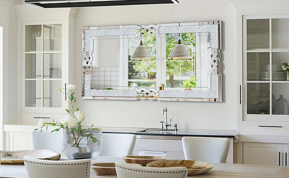 Rectangular Wall Mirror Luxury Silver , Crystal Crush Diamond Decor