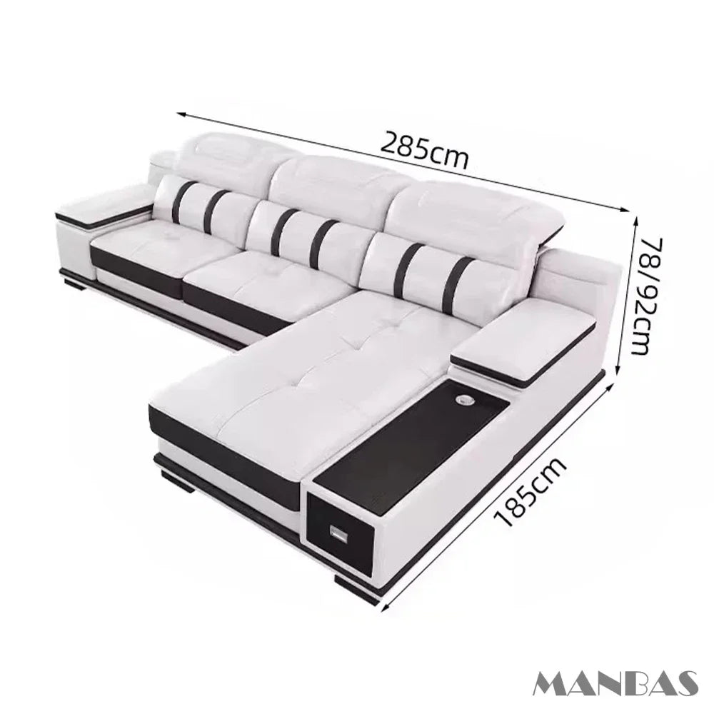 Modern Genuine Leather Sofa - Stylish Italian   with Bluetooth Speaker, USB & Adjustable Headrests