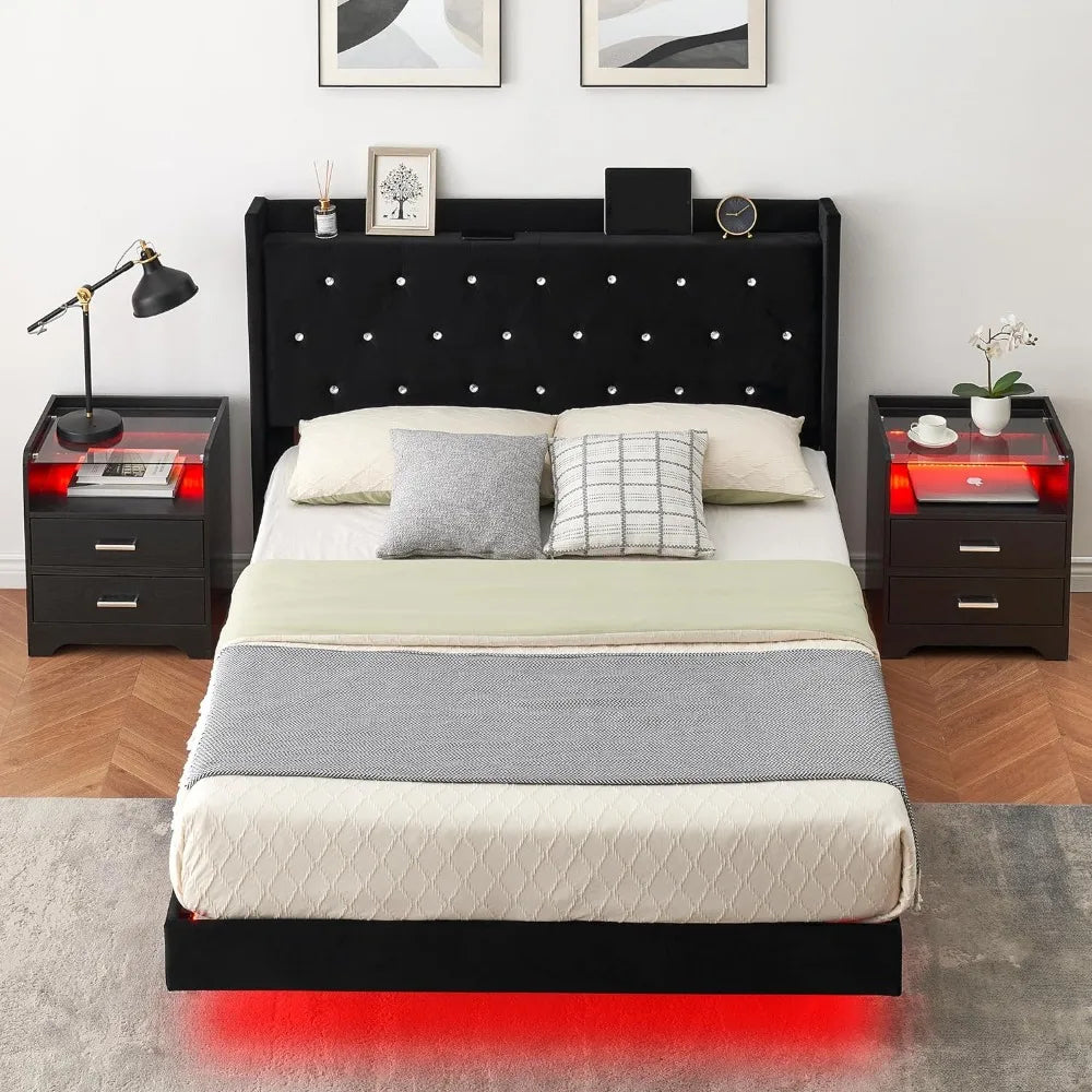 Black Nightstands Set of 2  w/ 2 Drawers, Smart End Side Tables with LED Lights and Glass Top