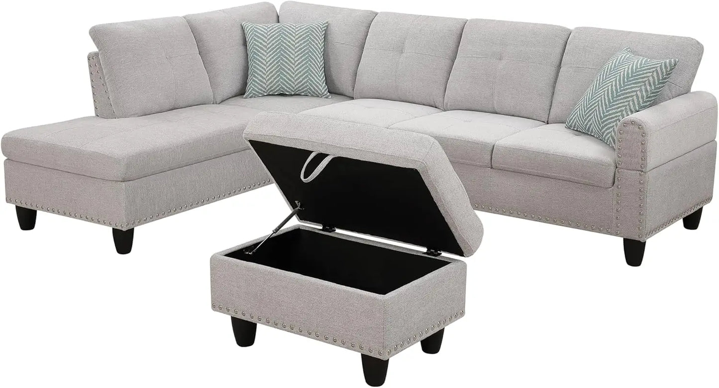 Grey  Modern L-Shaped sectional  Sofa W2 Pillows, upholstered ottoman, extra wide corner