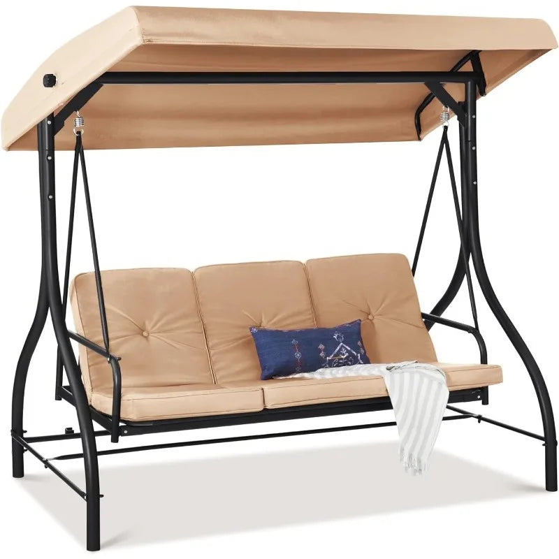 3-Seat  Large  Canopy Swing Glider ,Hammock Lounge Chair for Porch, Backyard W/Flatbed, Adjustable Shade