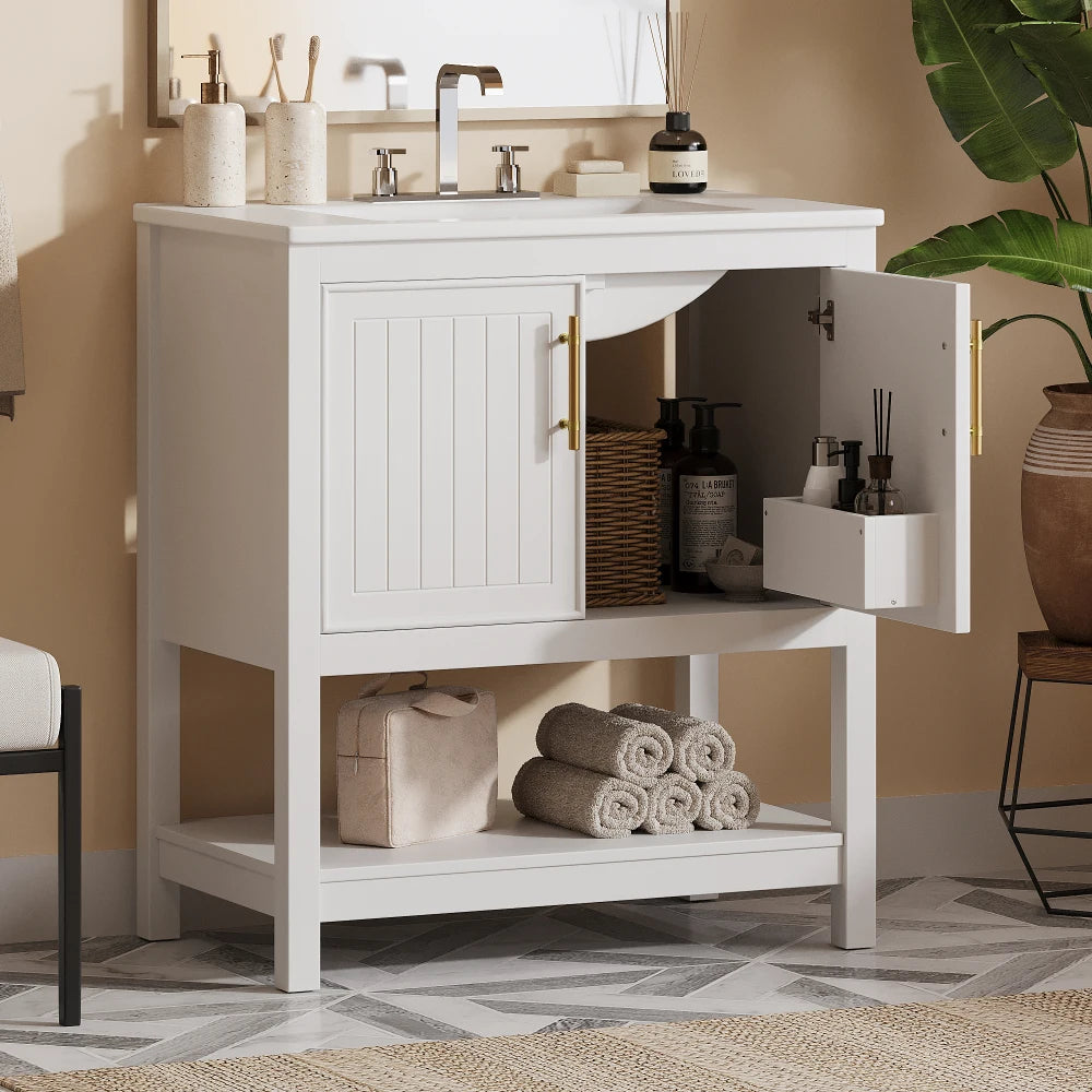 Small White Vanity with Ceramic Sink ;Versatile Storage