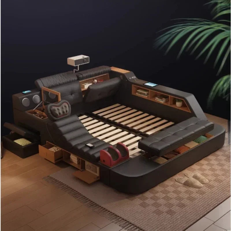 King Size Black Bed Frame With  Storage Drawers Multifunction Massage
