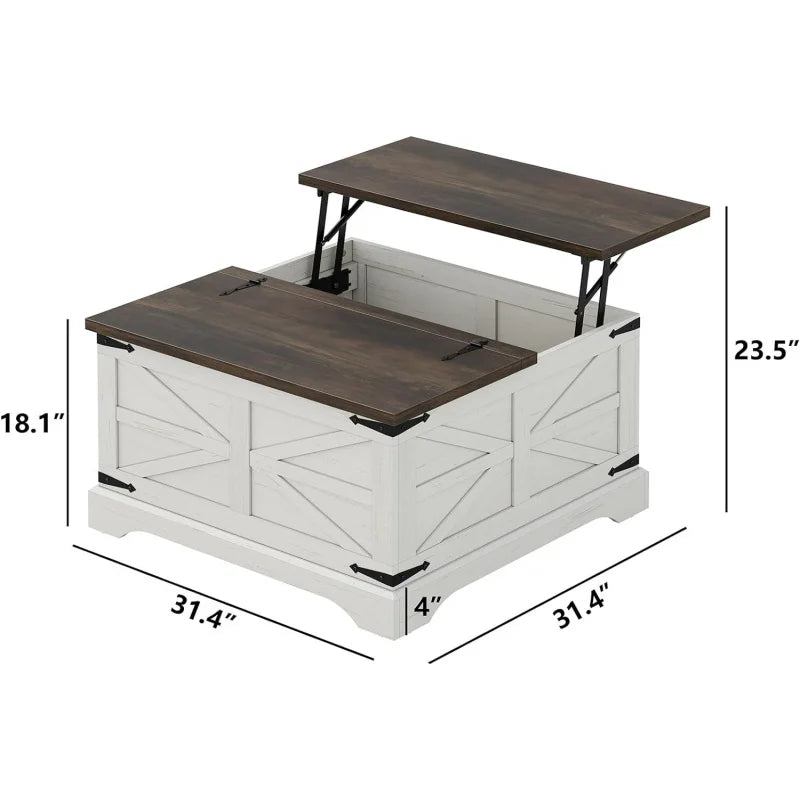 Lift Top Table,Square,  Wood Center Rustic, Cocktail White Moder, hidden storage