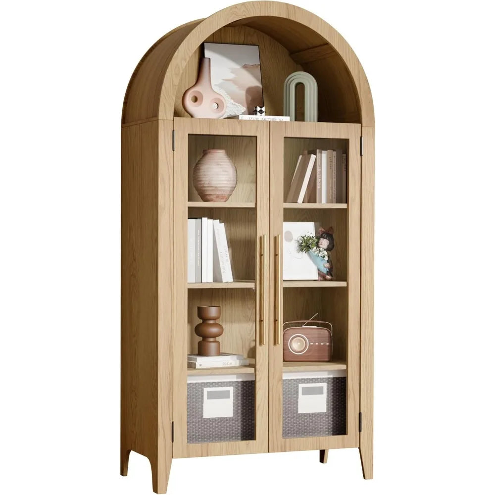 Elegant Arched Display Cabinet, 5-Tier Bookcase with Glass Doors & Adjustable Shelves