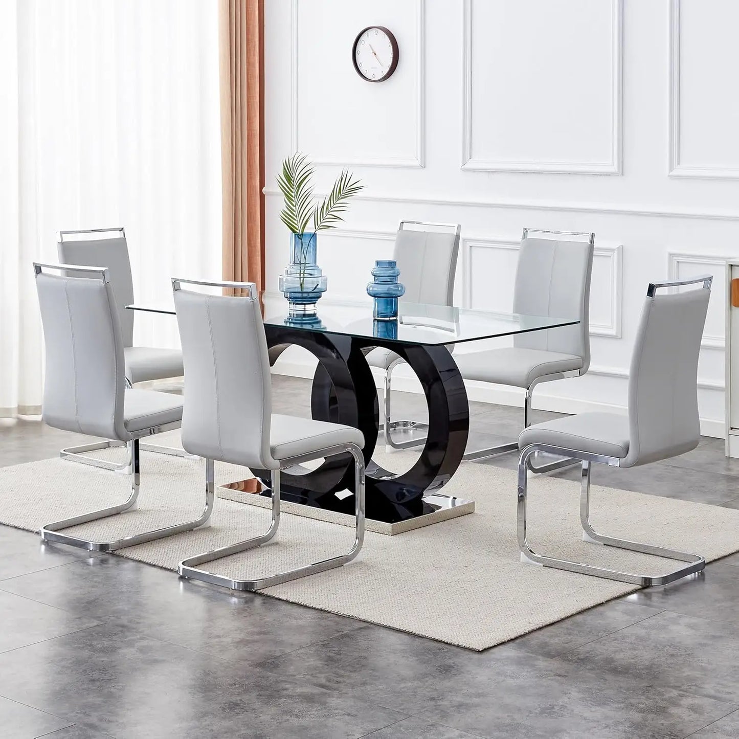 Glass Table Set for 6 ,7 Piece Set, Tempered Glass Top,  PU Leather,  Chairs ,Easy Assembly