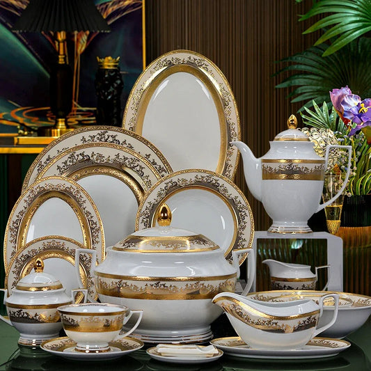 Porcelain Luxury  dinnerware set gold design bone china  dishes bowl tea coffee cup sets, dinner plates, 98 pcs chinaware