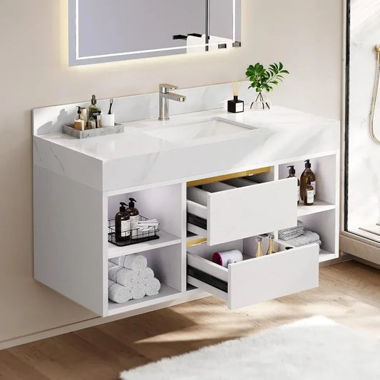 ,Floating Vanity Dresser Wall Mounted with Ceramic Sink,  2 Drawers and Shelves,