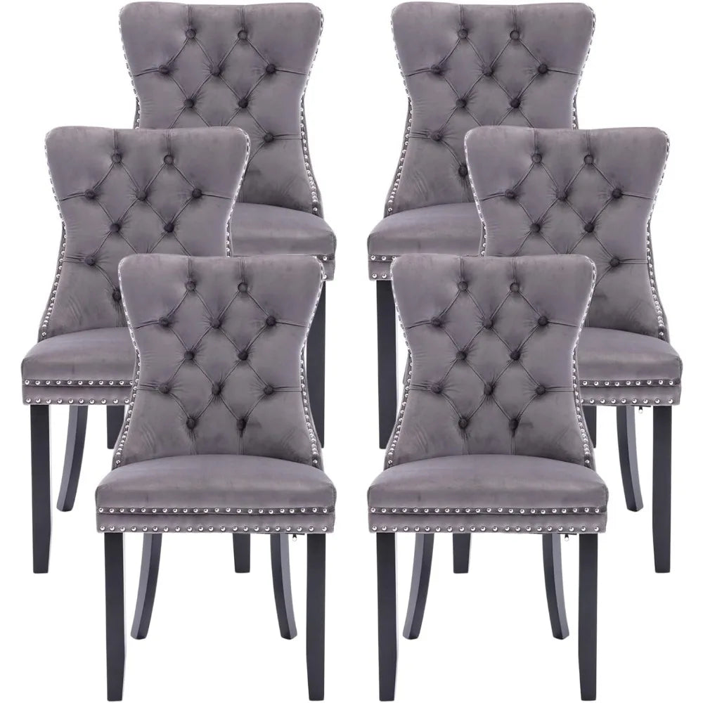 Velvet Chairs Set of 6, Ring Pull Trim, Button Back, Tufted,, Grey)