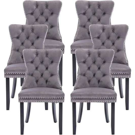 Velvet Chairs Set of 6, Ring Pull Trim, Button Back, Tufted,, Grey)