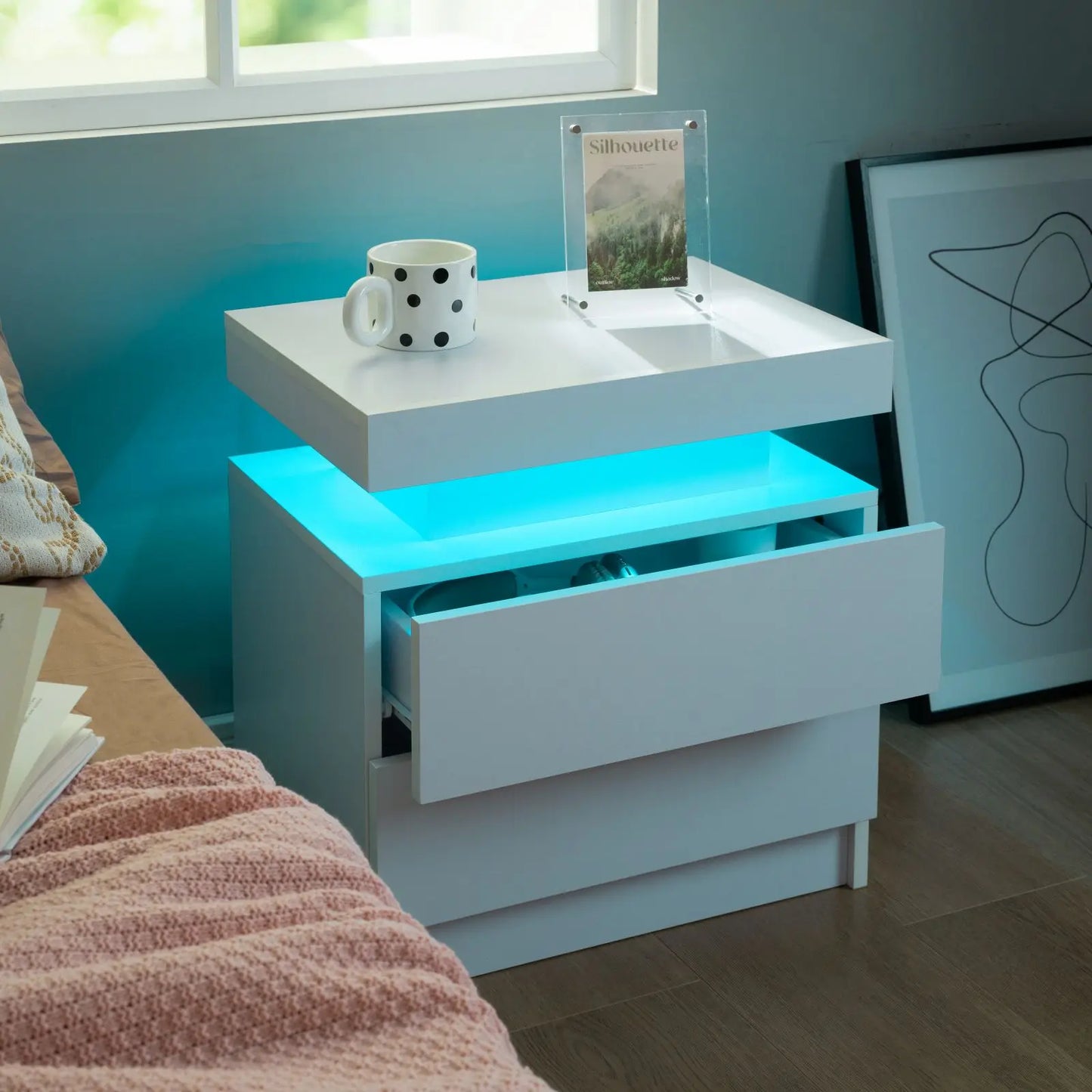 Set of 2 nightstands with LED lights with 2 drawers, bedside table with drawersSet