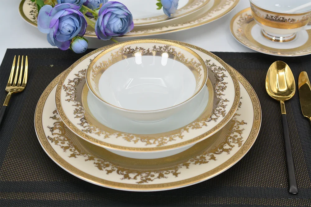 Porcelain Luxury  dinnerware set gold design bone china  dishes bowl tea coffee cup sets, dinner plates, 98 pcs chinaware