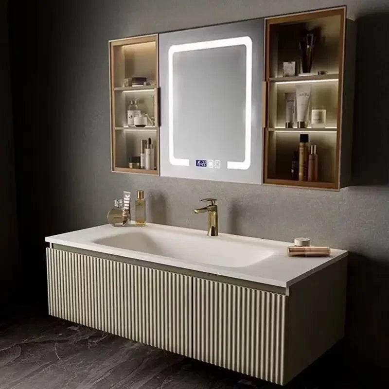 Light Luxury Oak  Cabinet LED Smart Mirror Slate Integrated  Vanity Sink