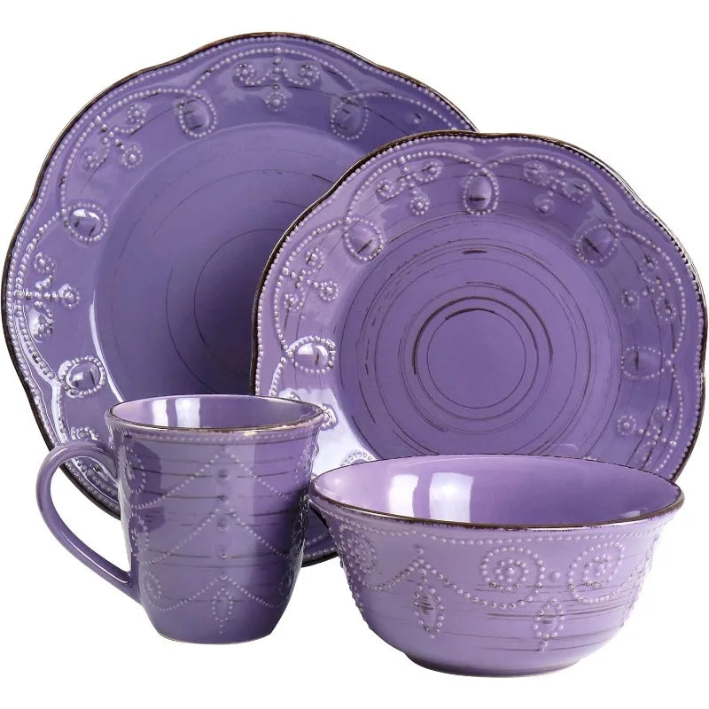 Rustic Birch 16 Piece Stoneware Set in Purple, with Brown Accents