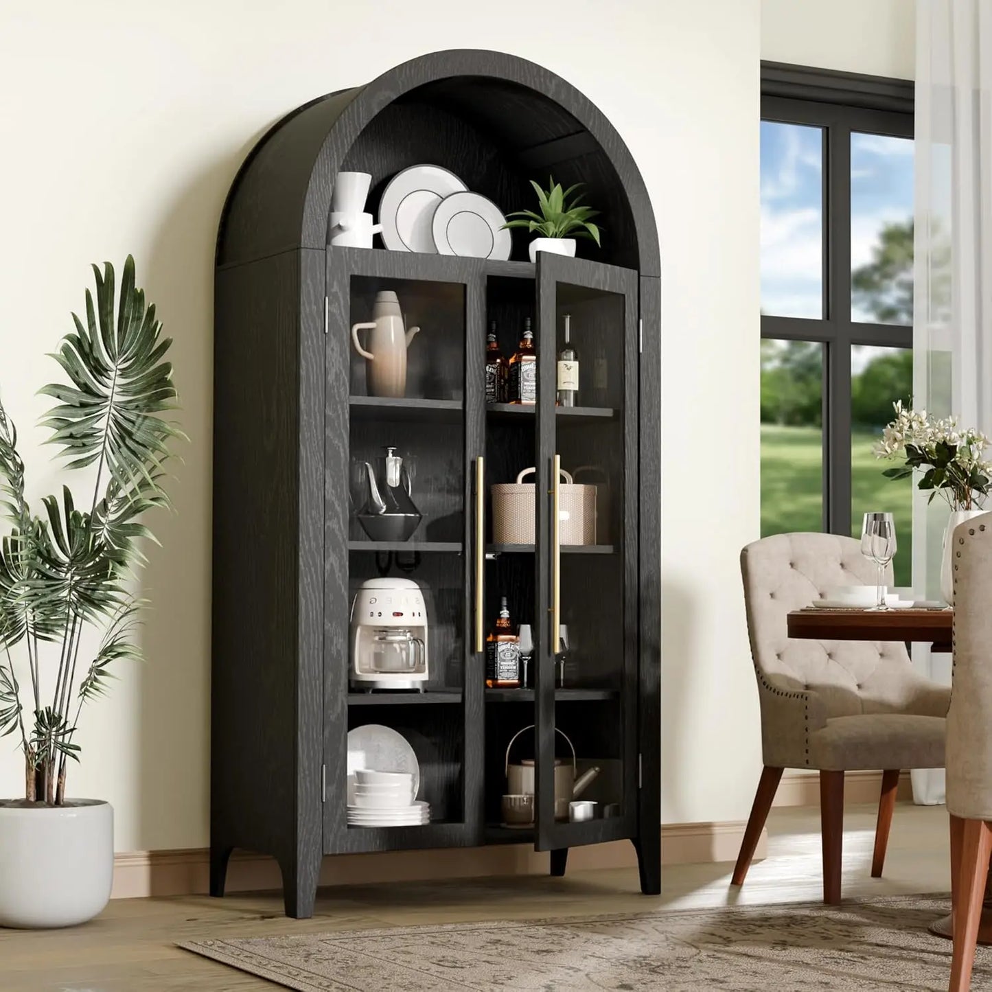 Elegant Arched Display Cabinet, 5-Tier Bookcase with Glass Doors & Adjustable Shelves