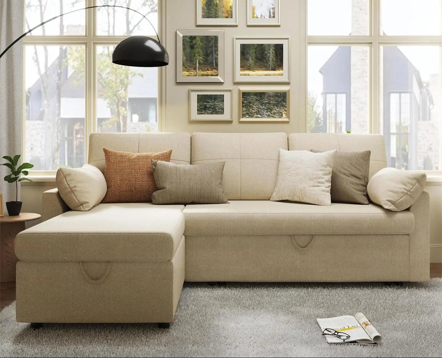 Sofa sleeper with storage,Beige Linen pullout  bed