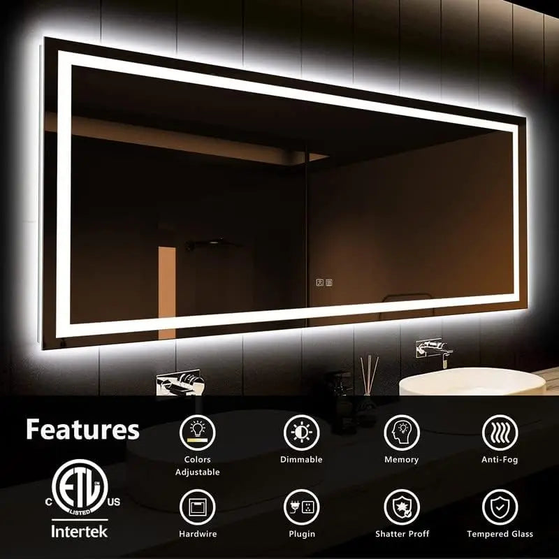 LED Mirror 3 Colors,  Dimmable Horizontal & Vertical, Light, Anti-Fog