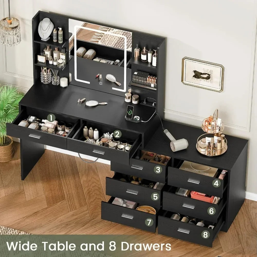 , Makeup Vanity Table with 8 Drawers & Open Shelves,  LED Lighted Mirror, Power Outlet