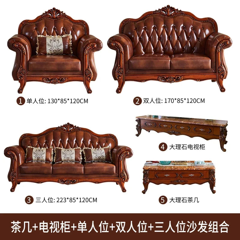 Nordic  Leather Brown Sofa Set Luxury European Design Modern Style Sofa Full Set  3 Seater