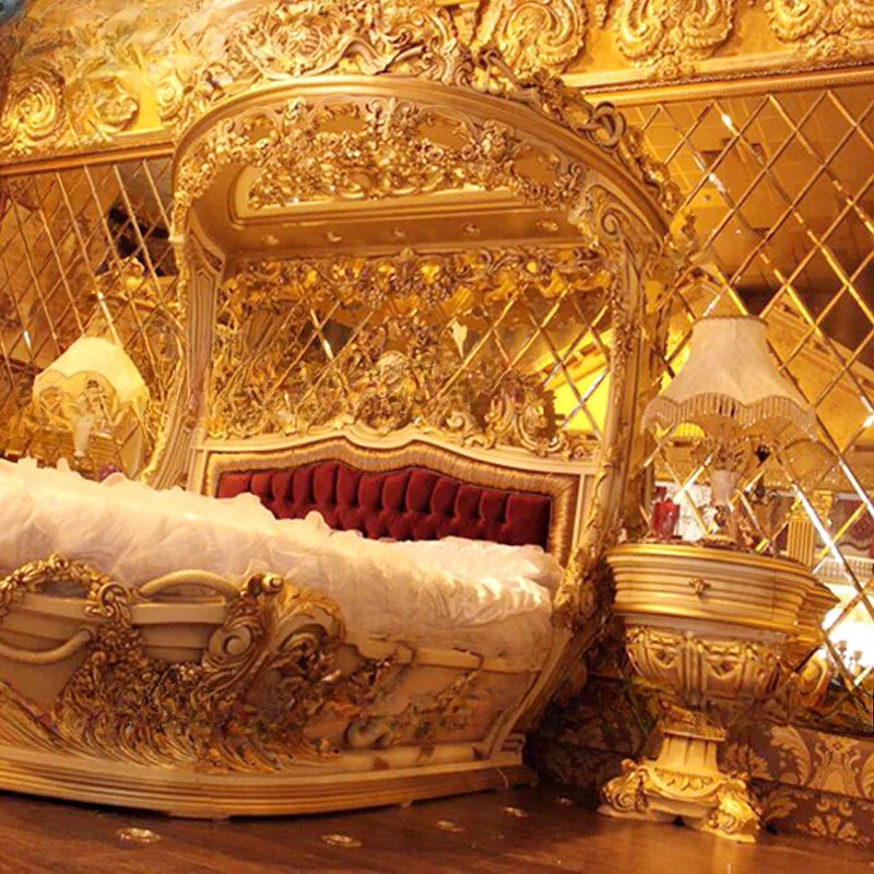 Princess Villa European Style Wood Carved Double Bed, Boat Style, French Fabric