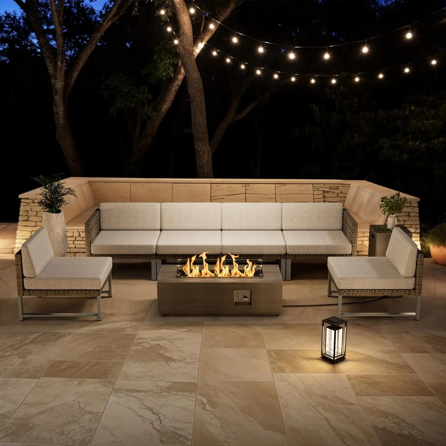 Outdoor  Sectional Couch Table and Chairs Set with .light brown wicker, [propane firepit