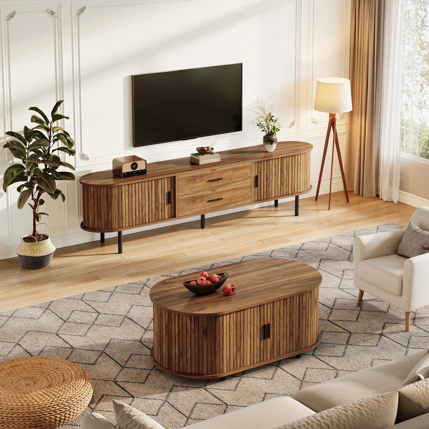 Tribesigns   Mid-Century Modern TV Stand with Sliding Tambour Door, Drawers and Adjustable Shelves, Long Fluted