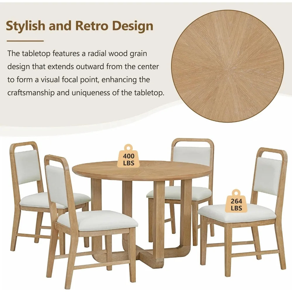 Radial Wood Grain Design, 5 piece table set for 4, round table and 4 upholstered chairs