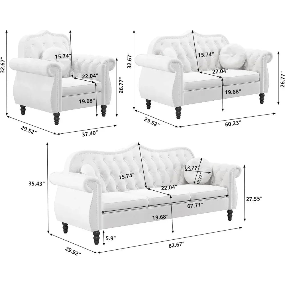 Mid-Century Modern Upholstered Velvet Nailhead Trim, 3 piece sectional sofa