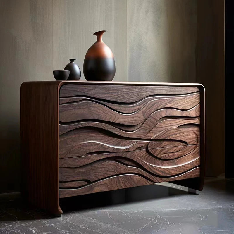 Nordic Retro Black Walnut Solid Wood Entrance Sideboard  Cabinet Designer Model Creative Upscale