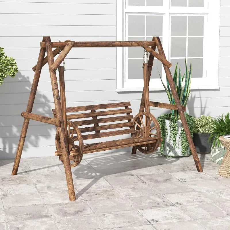 2-Seat swing Chair with A-Frame Stand, Wooden Log Chair Bench w Wagon Shaped Armrests for Garden, Poolside