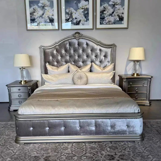 Modern Design Luxury Queen Size bed frame,  Space Saving Shelves