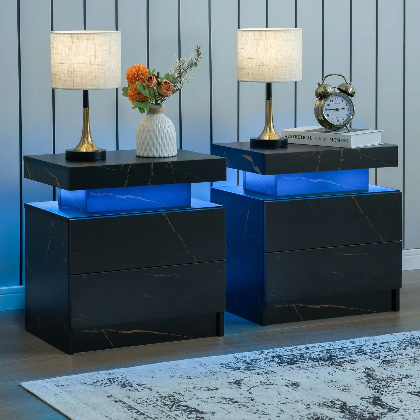 Set of 2 nightstands with LED lights with 2 drawers, bedside table with drawersSet
