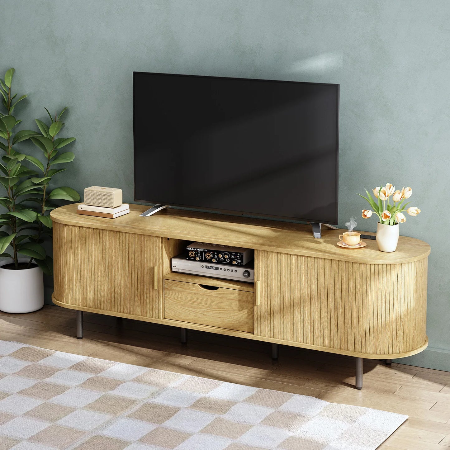 Entertainment Center w/ Storage & Drawer, Console w/ Adjustable Shelves  Stand with Power Outlet