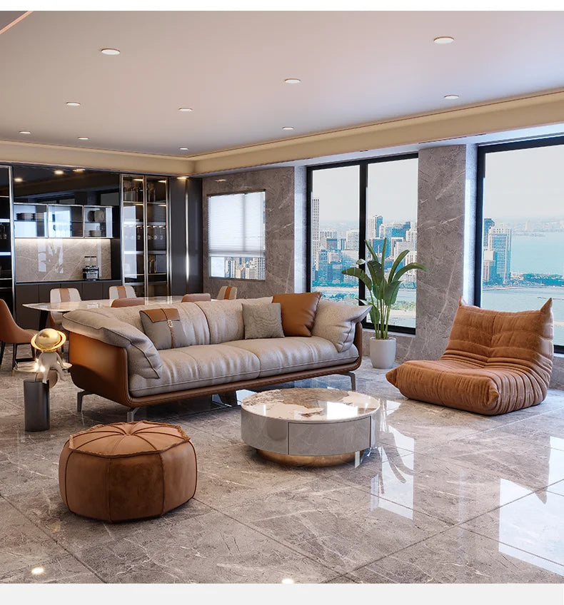 Nordic Simple Soft Sofa  Vintage Brown Girl 3 Seater Designer Leather Love Seat