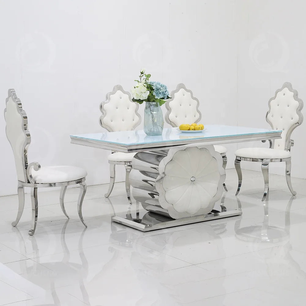 Modern flower stainless steel table set with 8 chairs white gloss glass