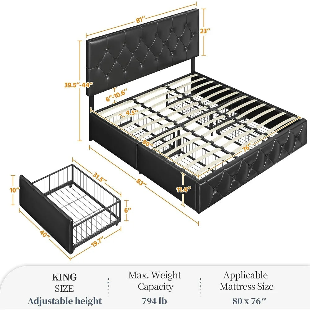 Platform Bed, Frame, Upholstered, Faux Leather, 4 drawers