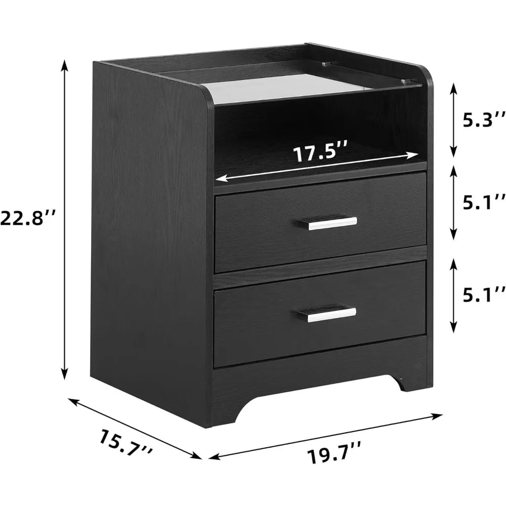 Black Nightstands Set of 2  w/ 2 Drawers, Smart End Side Tables with LED Lights and Glass Top