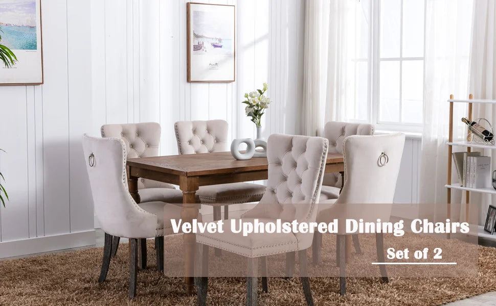 Tufted Chairs, Beige, Solid Wood, Set of 6, Nailhead Back and Ring Pull Trim